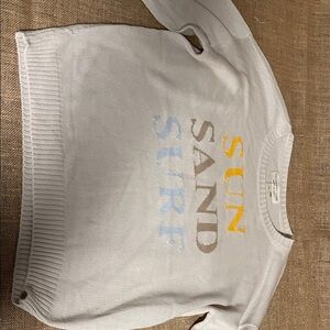 Saltwater LUXE White Sweater with Yellow, Blue, and Brown Graphic